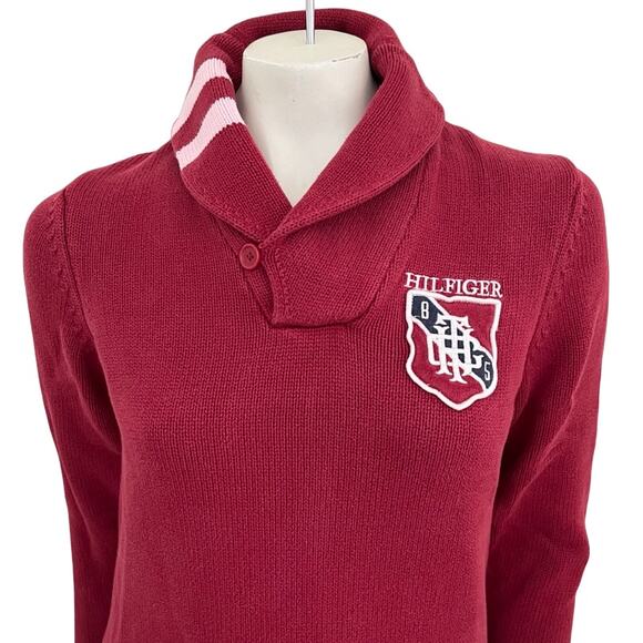 VTG TOMMY HILFIGER Crest Patch Collegiate Sweater in Red  Y2K  SZ XS - Picture 4 of 12